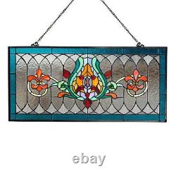 Fleur De Lis Shades of Blue Stained Glass Window Panel Suncatcher 30L x 14H