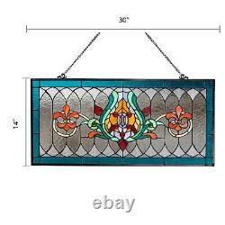 Fleur De Lis Shades of Blue Stained Glass Window Panel Suncatcher 30L x 14H