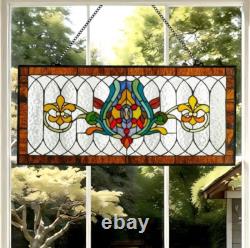 Fleur De Lis Spice Colors Stained Glass Window Panel Suncatcher 30L x 14H