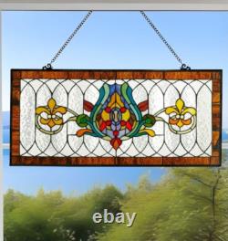 Fleur De Lis Spice Colors Stained Glass Window Panel Suncatcher 30L x 14H