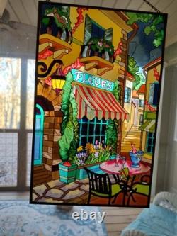 Fleurs French Design Stained Glass Window Panel Suncatcher Tiffany Style 19x25in