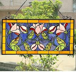 Floral Design Tiffany Style Stained Glass Window Panel Suncatcher Handcrafted