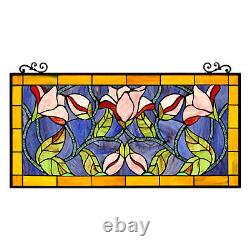 Floral Design Tiffany Style Stained Glass Window Panel Suncatcher Handcrafted