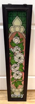 Floral Stained Glass Window Panel Pink Flower Design Wood Frame VTG 39x9