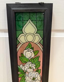 Floral Stained Glass Window Panel Pink Flower Design Wood Frame VTG 39x9