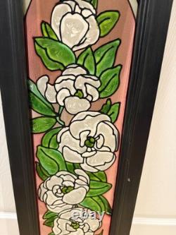 Floral Stained Glass Window Panel Pink Flower Design Wood Frame VTG 39x9