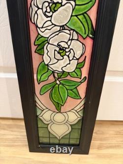 Floral Stained Glass Window Panel Pink Flower Design Wood Frame VTG 39x9