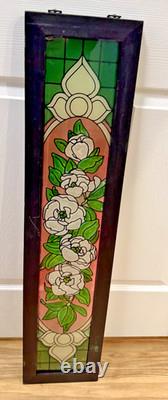 Floral Stained Glass Window Panel Pink Flower Design Wood Frame VTG 39x9
