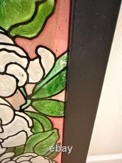 Floral Stained Glass Window Panel Pink Flower Design Wood Frame VTG 39x9