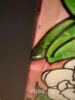 Floral Stained Glass Window Panel Pink Flower Design Wood Frame VTG 39x9