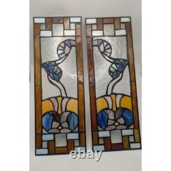 Floral Stained Glass Window Panels Pair 5x14 Each Vtg Art Nouveau Suncatchers