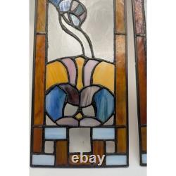 Floral Stained Glass Window Panels Pair 5x14 Each Vtg Art Nouveau Suncatchers