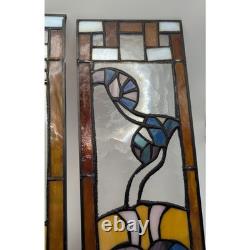 Floral Stained Glass Window Panels Pair 5x14 Each Vtg Art Nouveau Suncatchers