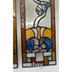 Floral Stained Glass Window Panels Pair 5x14 Each Vtg Art Nouveau Suncatchers