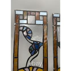 Floral Stained Glass Window Panels Pair 5x14 Each Vtg Art Nouveau Suncatchers