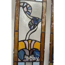 Floral Stained Glass Window Panels Pair 5x14 Each Vtg Art Nouveau Suncatchers