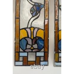Floral Stained Glass Window Panels Pair 5x14 Each Vtg Art Nouveau Suncatchers
