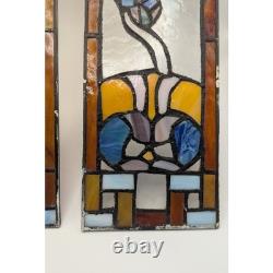 Floral Stained Glass Window Panels Pair 5x14 Each Vtg Art Nouveau Suncatchers