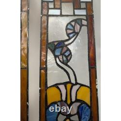 Floral Stained Glass Window Panels Pair 5x14 Each Vtg Art Nouveau Suncatchers