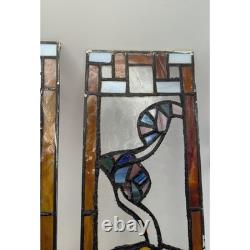 Floral Stained Glass Window Panels Pair 5x14 Each Vtg Art Nouveau Suncatchers