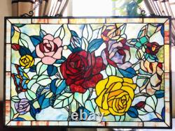 Floral Tiffany Style Stained Glass Hanging Window Panel Rose Flower Design