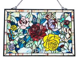 Floral Tiffany Style Stained Glass Hanging Window Panel Rose Flower Design