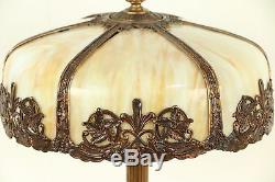 Fluted Base Antique Lamp, Curved Stained Glass 6 Panel Shade #29839