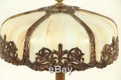 Fluted Base Antique Lamp, Curved Stained Glass 6 Panel Shade #29839