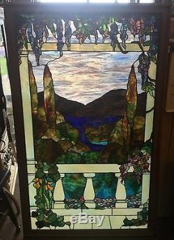Framed Stained Glass Vintage Tiffany Style Window Panel 58 x 34