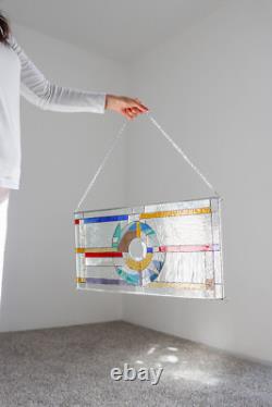 Frank Lloyd Wright Insprd Tiffany Style Stained Glass Window 24 by 11 Inches