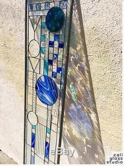 Frank Lloyd Wright Long Abstract Tiffany Style Stained Glass Window Panel Blue