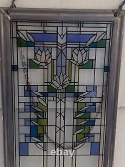 Frank Lloyd Wright Prairie School 17H Enamel Stained Glass Panel Waterlilies