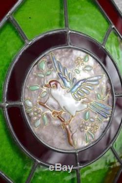 French Antique Pair of Stained Glass Window Panel with Enamelled Bird