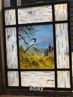 Fused Glass Stained Glass & Fired Painted Chickadee Hanging