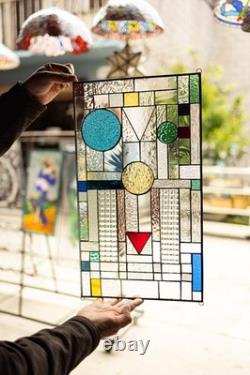 GEOMETRIC Frank Lloyd Wright Insprd Tiffany Style Stained Glass Window 21x12 AO