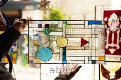 GEOMETRIC Frank Lloyd Wright Insprd Tiffany Style Stained Glass Window 21x12 AO