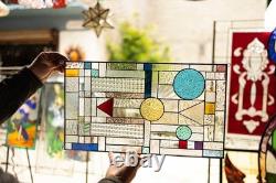 GEOMETRIC Frank Lloyd Wright Insprd Tiffany Style Stained Glass Window 21x12 AO