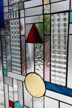 GEOMETRIC Frank Lloyd Wright Insprd Tiffany Style Stained Glass Window 21x12 AO