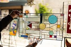 GEOMETRIC Frank Lloyd Wright Insprd Tiffany Style Stained Glass Window 21x12 AO