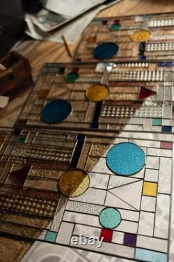 GEOMETRIC Frank Lloyd Wright Insprd Tiffany Style Stained Glass Window 21x12 AO