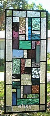 GEOMETRIC GROOVE 23-1/2 x 10 real stained glass window panel hangs 4 ways