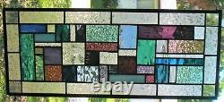 GEOMETRIC GROOVE 23-1/2 x 10 real stained glass window panel hangs 4 ways
