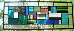 GEOMETRIC QUILT 23-1/2 x 10-1/4 stained glass window panel hangs 2 ways