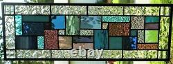 GEOMETRIC QUILT 23-1/2 x 9 REAL stained glass window panel hangs 4 ways