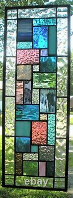GEOMETRIC QUILT 23-1/2 x 9 REAL stained glass window panel hangs 4 ways