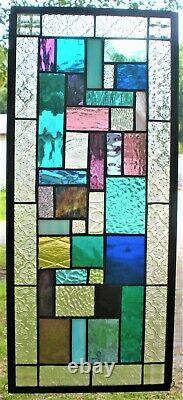 GEOMETRIC QUILT 23-3/4 x 11 REAL stained glass window panel hangs 2 ways
