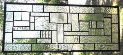 GEOMETRIC STYLE 22-1/2 x 10 real stained glass window panel hangs two ways