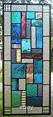 GEOMETRIC STYLE 23 x 10 real stained glass window panel hangs 2 ways
