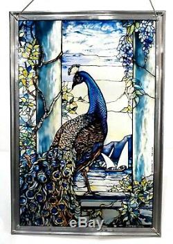 GLASSMASTERS 1990 Louis C Tiffany Peacock Stained Glass Window Panel Sun Catcher