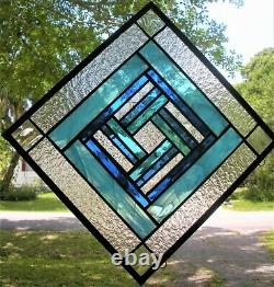 GOD'S EYE IN BLUE 12 x 12 real stained glass window panel hangs 2 ways